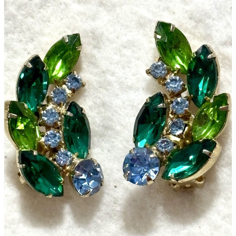 VTG Blue Green Rhinestone Clip Earrings Gold Tone Navette Juliana Style MCM